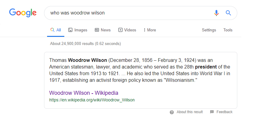 Google search of who was woodrow wilson