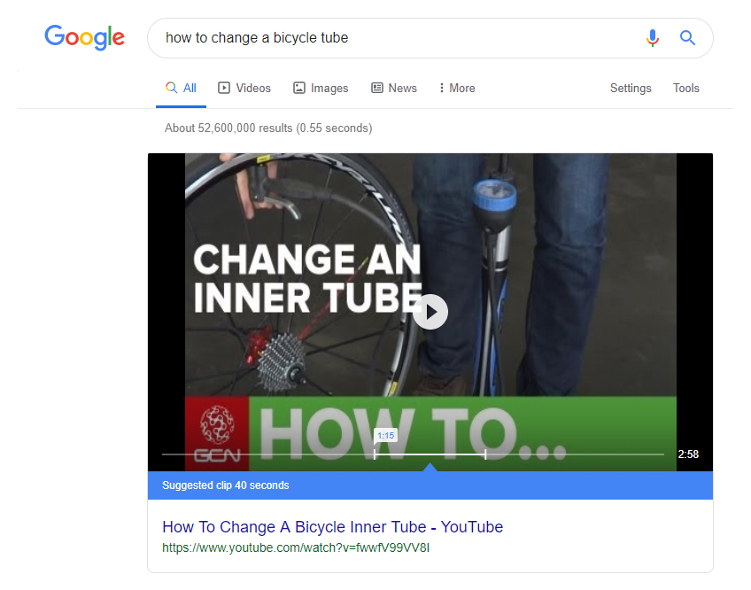 Example of a video featured snippet