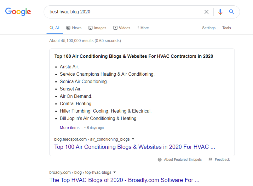 google search for best hvac blog 2020