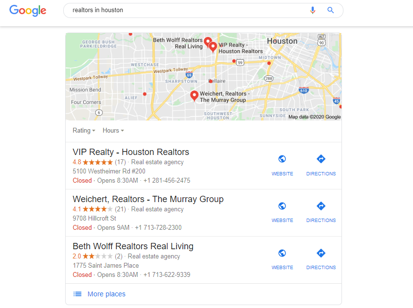 Google 3 Pack showing realtors in Houston