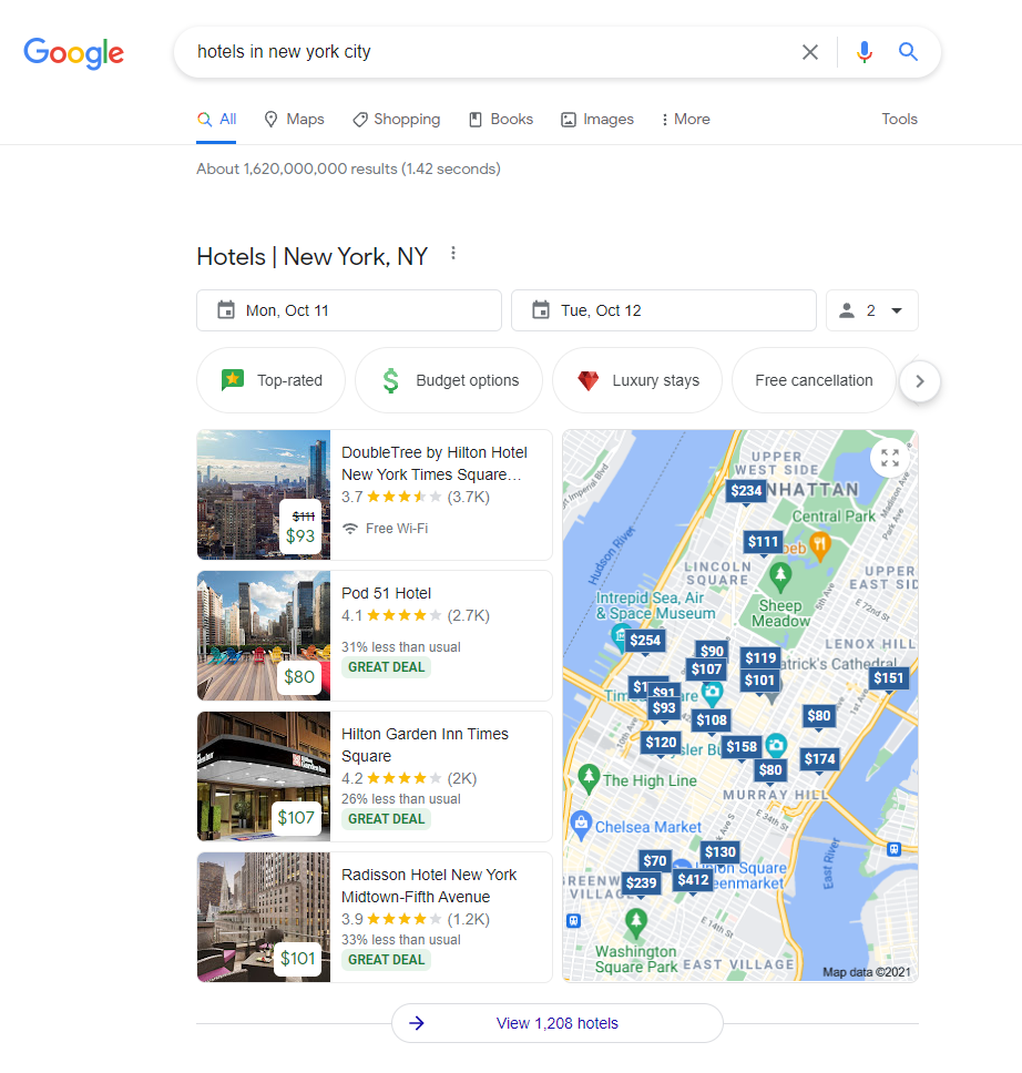 Google search for hotels in new york