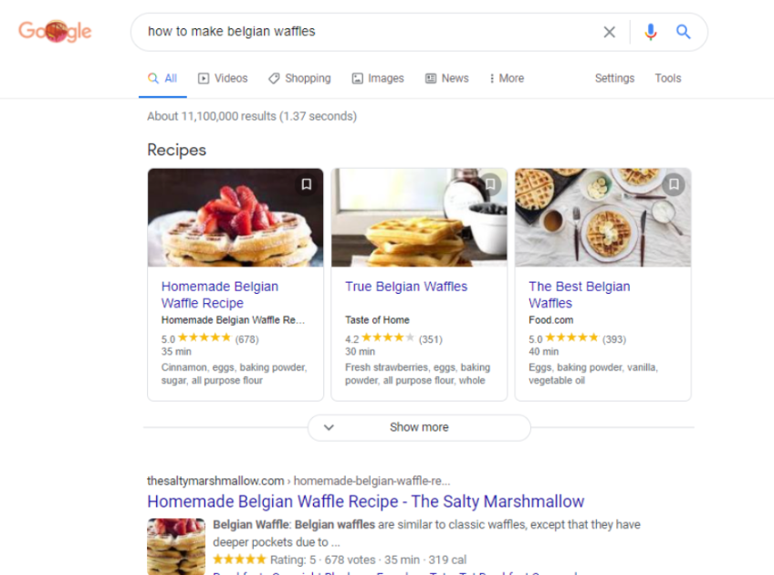 Google search results for how to make belgian waffles