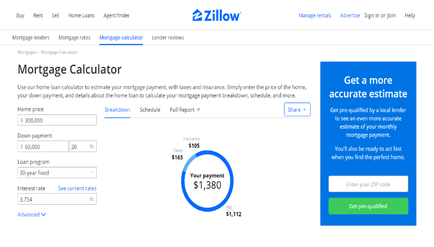 Zillow mortgage calculator