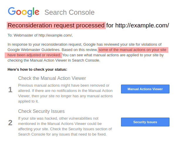 Reconsideration Request Processed By Google