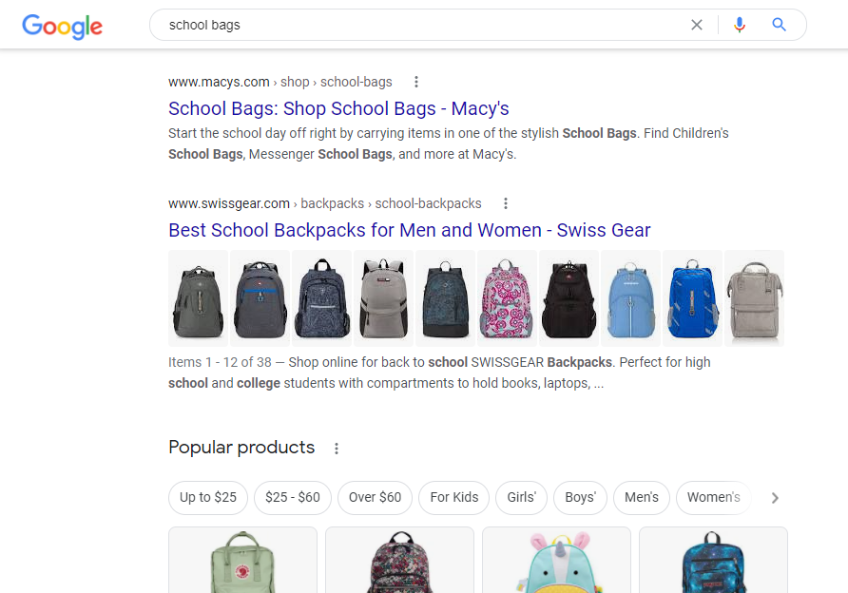 Google SERP for school bags coming on google search