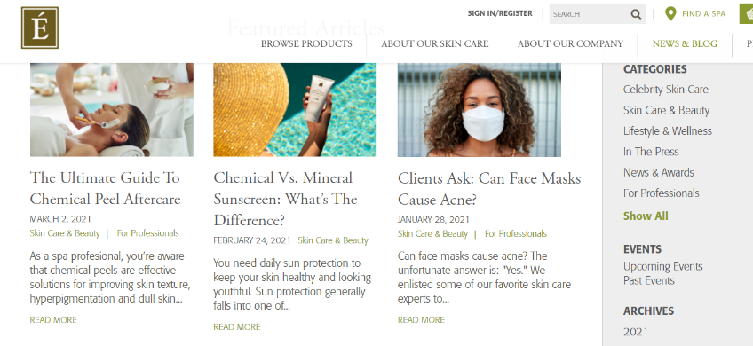 Blog page of a skin-care ecommerce store