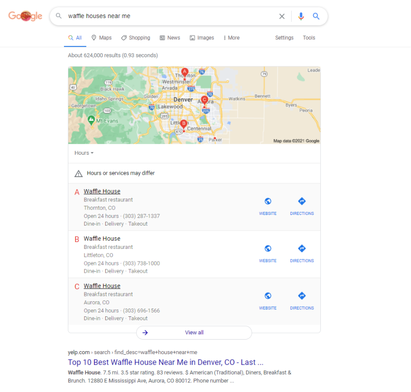 Google search results for waffle houses near me